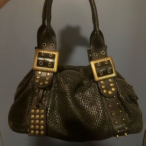 Vintage Y2K black woven leather satchel shoulder bag - studded,boho, grunge.